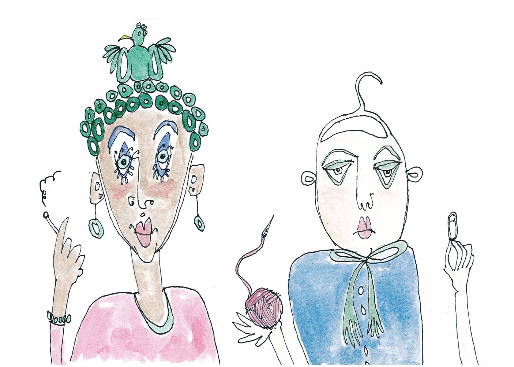 Curly-bird-lady-and-coathanger-man